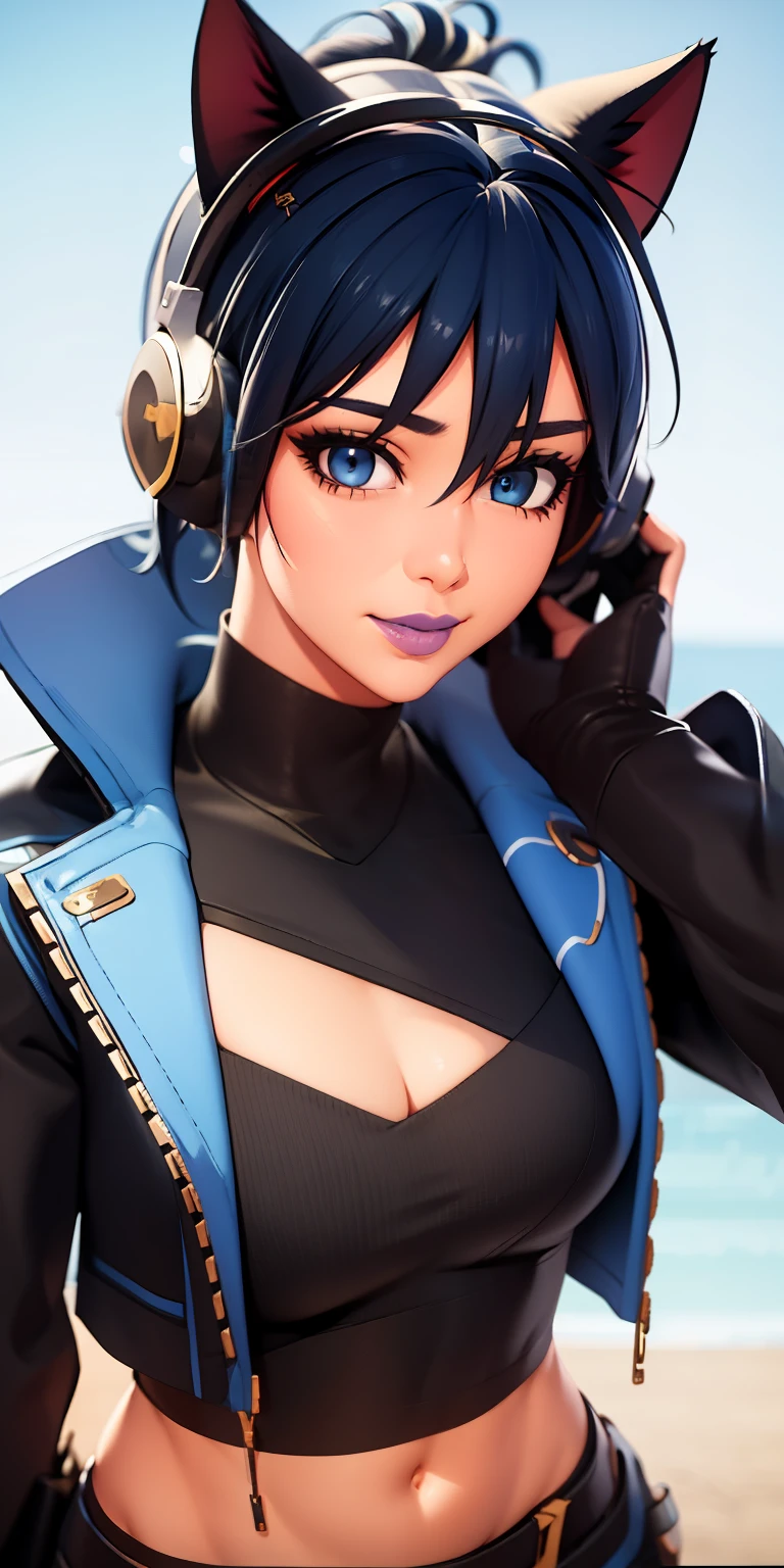 Beach background, Realistic, HeroicHopeFN, 1girl,blue hair,blue eyes, eyeshadow,upper body,(speed lines:1.1),medium breasts, love, heart, gold hearts, black jacket, jacket crop top, cat ears headphones, fake cat ears,black crop top, black pants, blue belt, gloves, black gloves, fingerless gloves, holster, holster spray cans, navel, purple lips, lipsticks, happy, looking at viewer, facing viewer