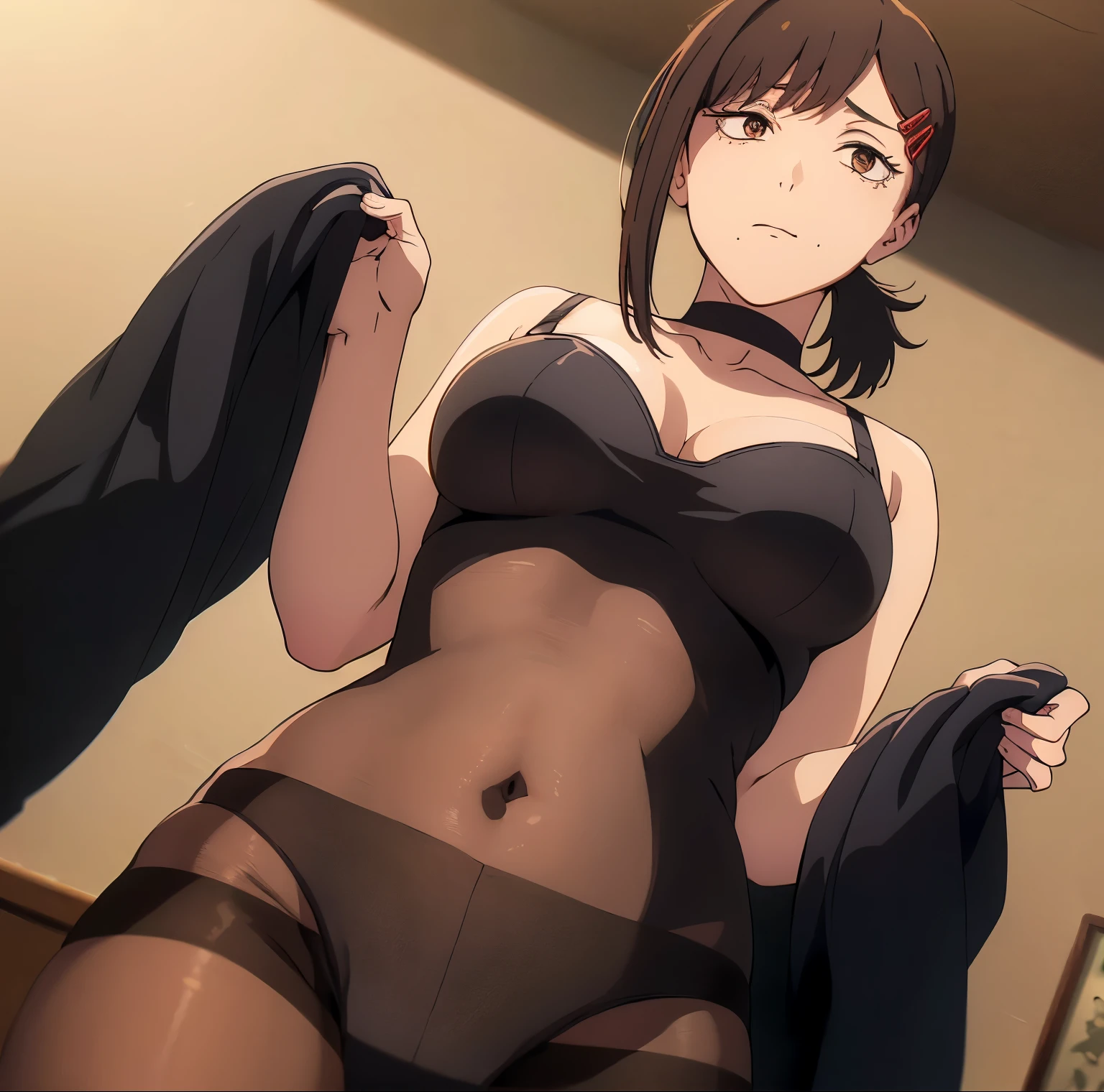 1 girl, alone, kobeni higashiyama, black hair, hair ornament, hair clip, mole, mole under the eye, ponytail, short hair, (brown eyes: 1.5), (black lingerie: 1.2), ( two-piece lingerie: 1.2 ), (black pantyhose: 1.2), bare navel, bare shoulders, indoor, office, medium breasts, medium waist, wide hips, wide thighs, round butt, looking at viewer, looking back, from behind , centered on ass:1.4, point of view (from below), (interior: 1.2), (office: 1.2), window, (lighting: 1.2), (Masterpiece: 1.2), Best Quality, High Resolution, Wallpaper Unity 8K, (Artwork: 0.8), (Beautiful and detailed eyes: 1.6), Extremely detailed face, Perfect lighting, Extremely detailed CG, (Perfect hands, Perfect anatomy)