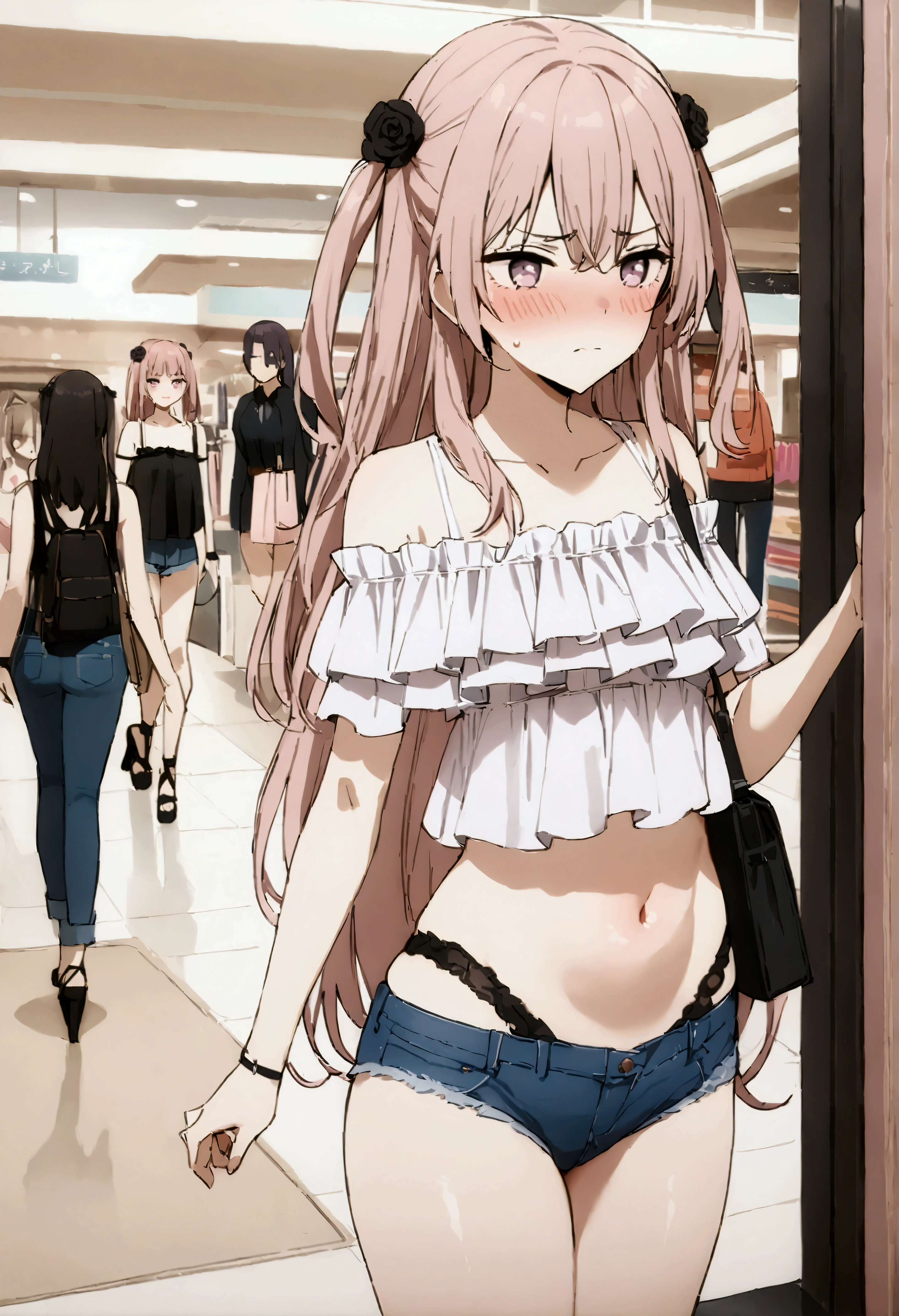 NSFW,masterpiece,Highest quality,High resolution,Very detailed,Dried gauze leaves\(The Doll Falls in Love),Pink Hair、Long Hair、Lavender eyes,Two Side Up、Hair Flowers、Black Rose,Frilled shirt,Off the shoulder,Denim shorts,High-leg denim,Heeled Sandals,Shoulder bag,Shopping mall,Lingerie Shop,Underwear section,Serious face,Embarrassed,blush,Looking at underwear