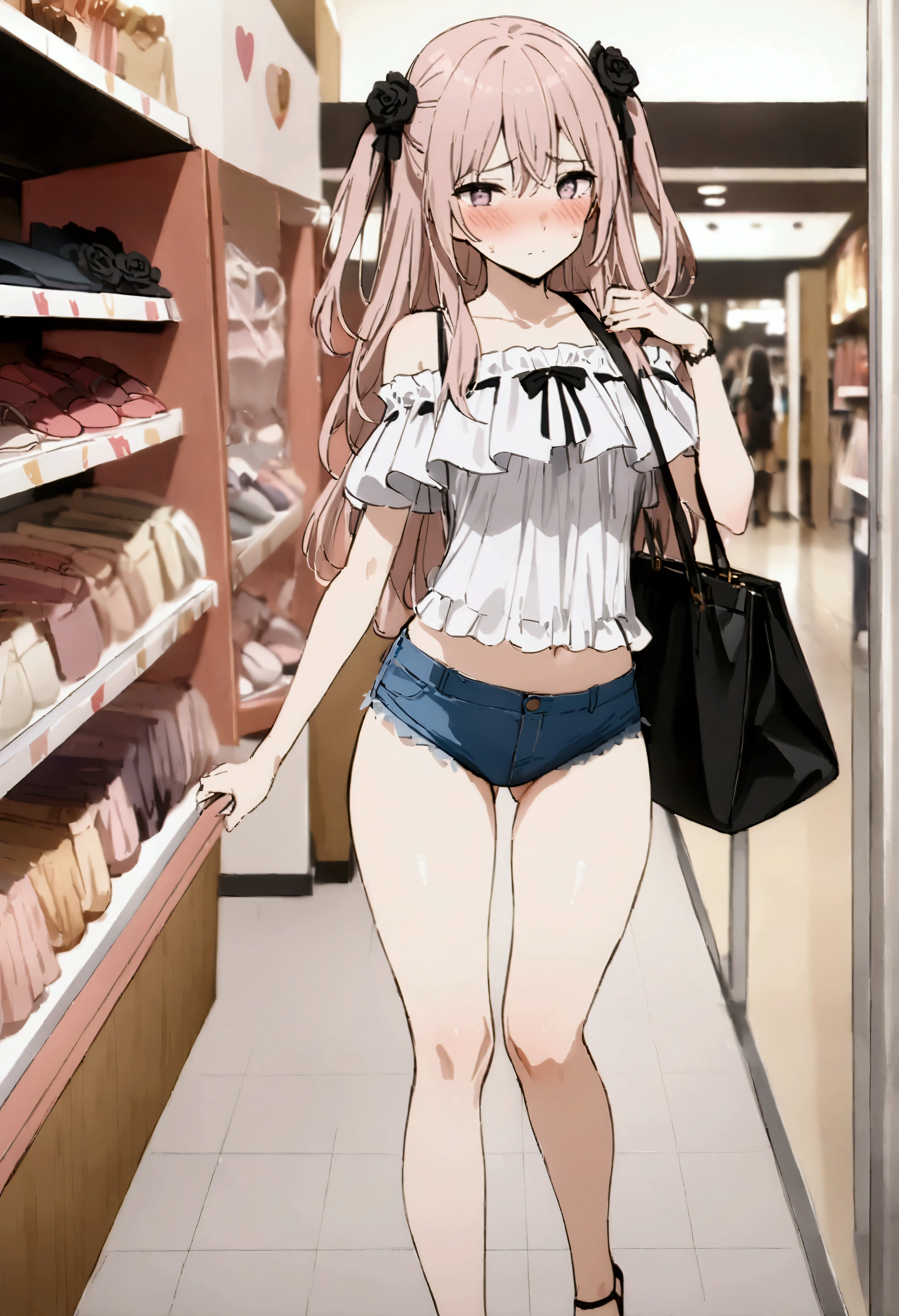 NSFW,masterpiece,Highest quality,High resolution,Very detailed,Dried gauze leaves\(The Doll Falls in Love),Pink Hair、Long Hair、Lavender eyes,Two Side Up、Hair Flowers、Black Rose,Frilled shirt,Off the shoulder,Denim shorts,High-leg denim,Heeled Sandals,Shoulder bag,Shopping mall,Lingerie Shop,Underwear section,Serious face,Embarrassed,blush,Looking at underwear