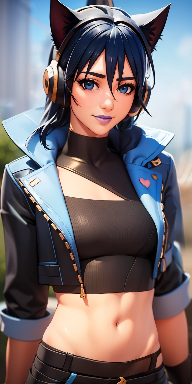 Beach background, Realistic, HeroicHopeFN, 1girl,blue hair,blue eyes, eyeshadow,upper body,(speed lines:1.1),medium breasts, love, heart, gold hearts, black jacket, jacket crop top, cat ears headphones, fake cat ears,black crop top, black pants, blue belt, gloves, black gloves, fingerless gloves, holster, holster spray cans, navel, purple lips, lipsticks, winked, happy, looking at viewer, facing viewer