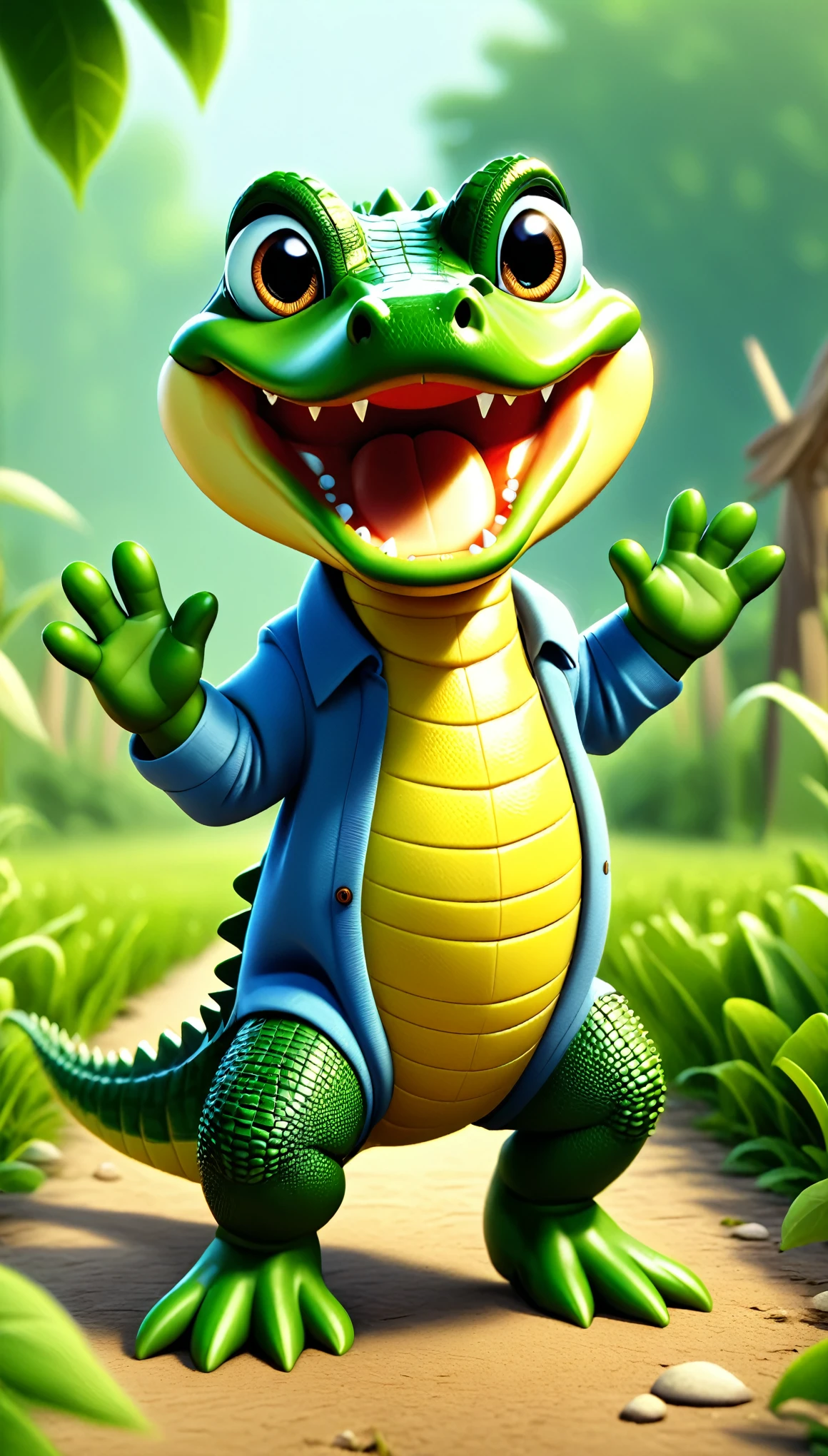 cute baby aligator, cartoon , arms, hands ,cute eyes, looking at viewer, arms up, clothes, flawless, farm background, firefly effects 