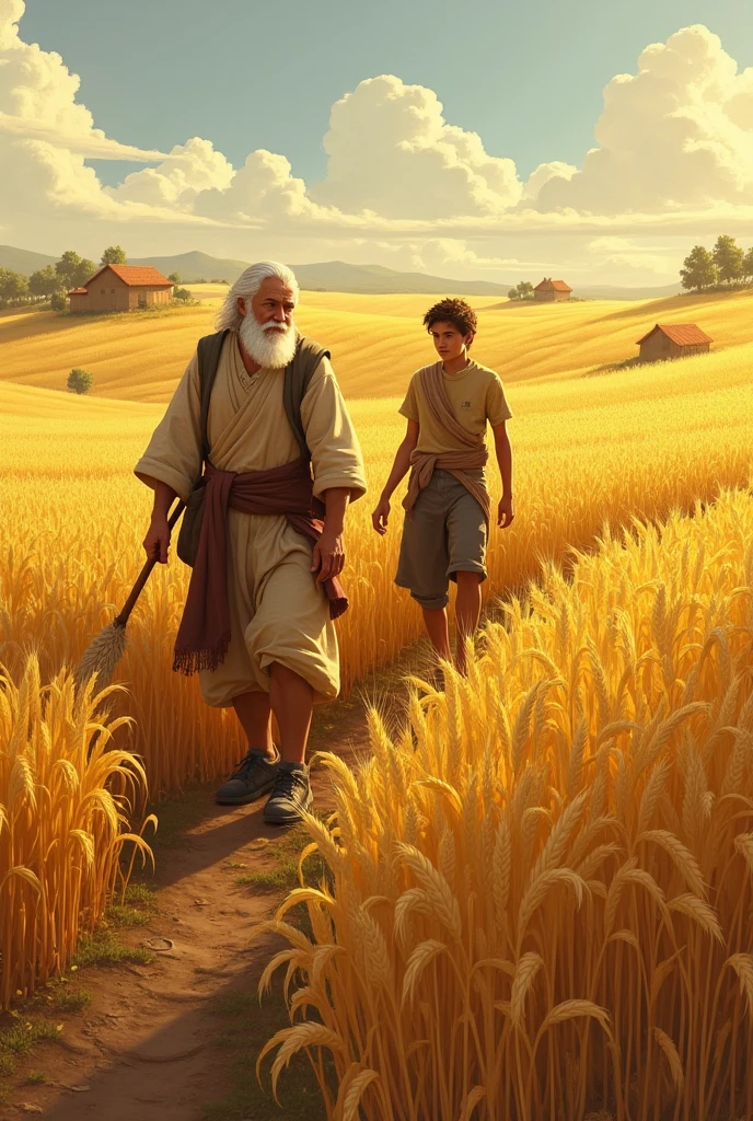Oil painting, there is a man burning chaff at the stake, another man carries wheat to the warehouse in the background of the image, epic biblical representation, 8k uhd, cinematic lighting, high quality.