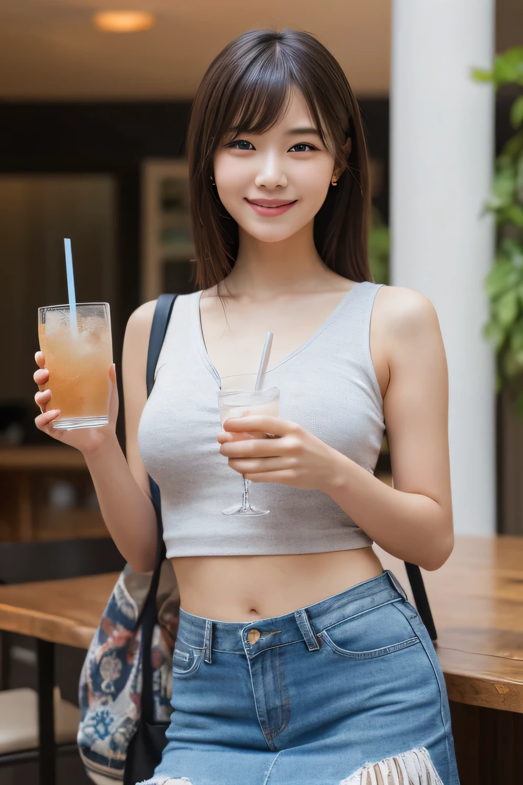 (Photo Real:1.4), (hyper realisitic:1.4), (Smooth lighting:1.05), 8K Wallpaper, Beautiful Woman with Perfect Figure,Slender, (mournful smile:1.4), Mouth slightly open, Neat and clean beauty, 20 years girl, Soft lighting, Back lighting, (cheerfulness:1.2), (Finest Real Textured Skins), Super fine face, glowy skin, retinas, Anatomically correct, acurate, Super Detail, Textured skin, High quality, high details, Best Quality, High resolution, Bangs,Straight hair,large breasts natural color lip, coconut, tank top, mini skirt, holding drink, smooth arms