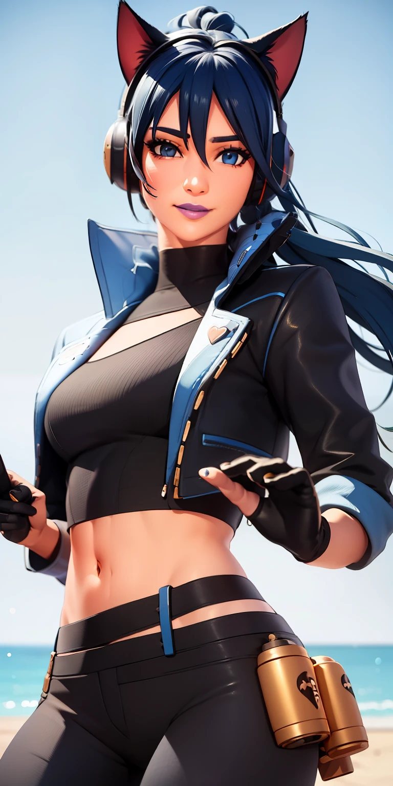 Beach background, Realistic, HeroicHopeFN, 1girl,blue hair,blue eyes, eyeshadow,upper body,(speed lines:1.1),medium breasts, love, heart, gold hearts, black jacket, jacket crop top, cat ears headphones, fake cat ears,black crop top, black pants, blue belt, gloves, black gloves, fingerless gloves, holster, holster spray cans, navel, purple lips, lipsticks, winked, happy, looking at viewer, facing viewer