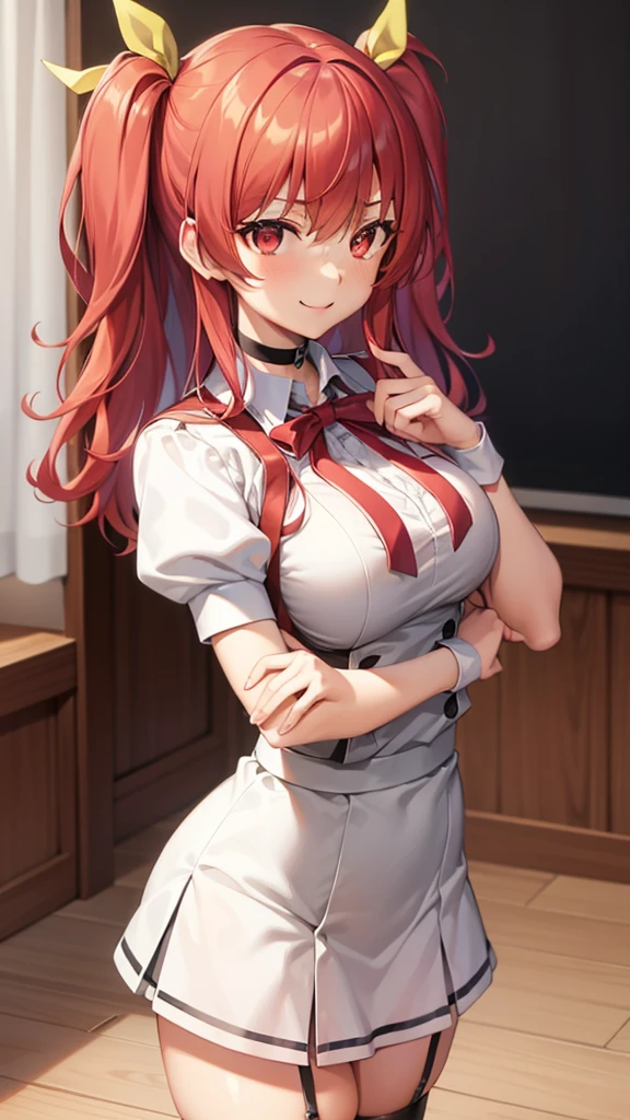 stella vermillion, stella vermillion, hair between eye, Hair intake, Hair Ribbon, Long hair, (Red Eyes:1.5), Red hair, two side up, Yellow Ribbon,Blake Black Choker, Choker, emblem, garter strap, Neck ribbon, Plaid, Puffy Short Sleeves, Puffy sleeves, Purple Ribbon, Red hair, bow ribbon, School uniform, Shirt, Short sleeves, Skirt, thighs thighs thighs thighs, White shirt, White skirt,BREAK looking at viewer,
Break indoors, ‎Classroom,Break (masutepiece:1.2), Best Quality, High resolution, Unity 8k Wallpaper, (Illustration:0.8), (Beautiful detailed eyes:1.6), extra detailed face, Perfect Lighting, extremely details CG, (Perfect hands, Perfect Anatomy),Naughty big、a smile