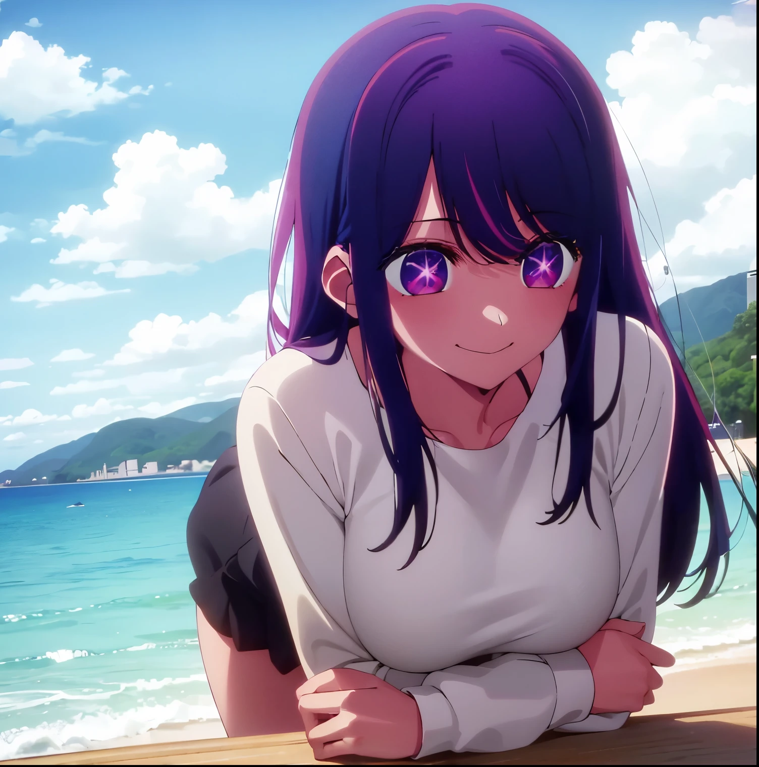​1girl, alone, Ai Hoshino,masterpiece、ighly detailed、(1 girl in:1.2)、purple color  hair、pink bikinis、big eye、a closeup、A smile、8K 、Ai Hoshino、beach, perfect hands, perfect anatomy,