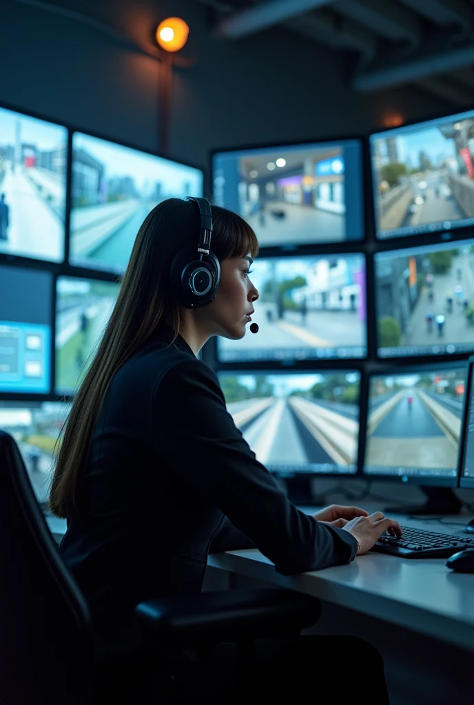 Image of a 24-hour CCTV security monitoring center in operation with a female operator wearing a headset on call. Photo with almost side view in good lighting, black uniform