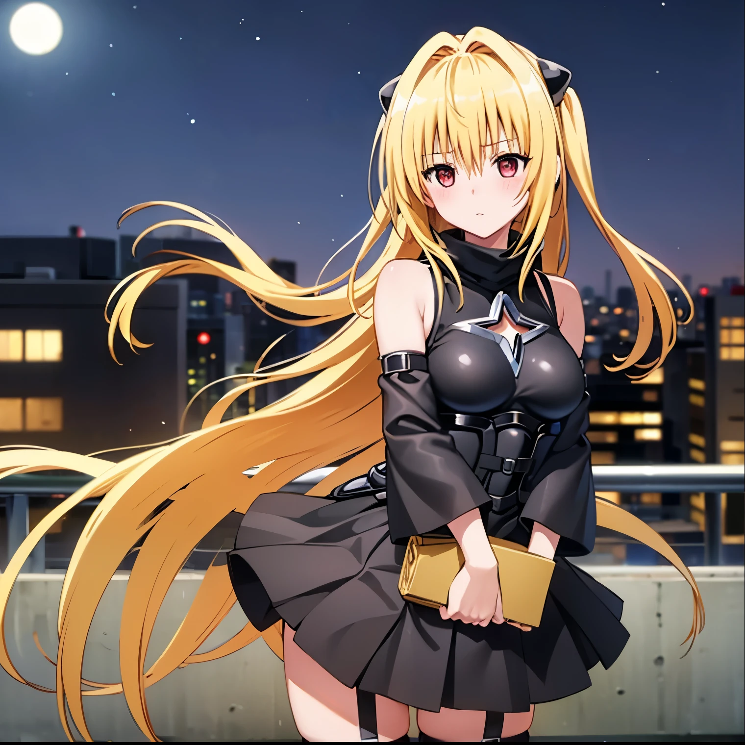 (1girl),(alone), konjiki no yami, (alone), long hair, taiyaki, blonde hair, hairpins, thigh strap, red eyes, wagashi, very long hair, separate sleeves, hair clips, bag, looking to the viewer, black dress, dress, medium breasts, narrow waist, wide hips, wide thighs, round butt, leaning forward, hair between eyes, blush, hair ornament, two sides up, bangs, cowboy shot, posture dynamic, ultra detailed, detailed eyes, sharp focus, masterpiece, stoic expression, blushing, bare shoulders, standing, exterior, night, giant moon, Tokyo, Metropolis, on top of a building, leaning on a railing:1.5, view of the city:1.5, City lights:1.5), perfect hands, perfect anatomy, long sleeves, floating hair, eating, to love-ru, looking forward,((focus on breasts)),pov(from middle), perfect anatomy, perfect hands