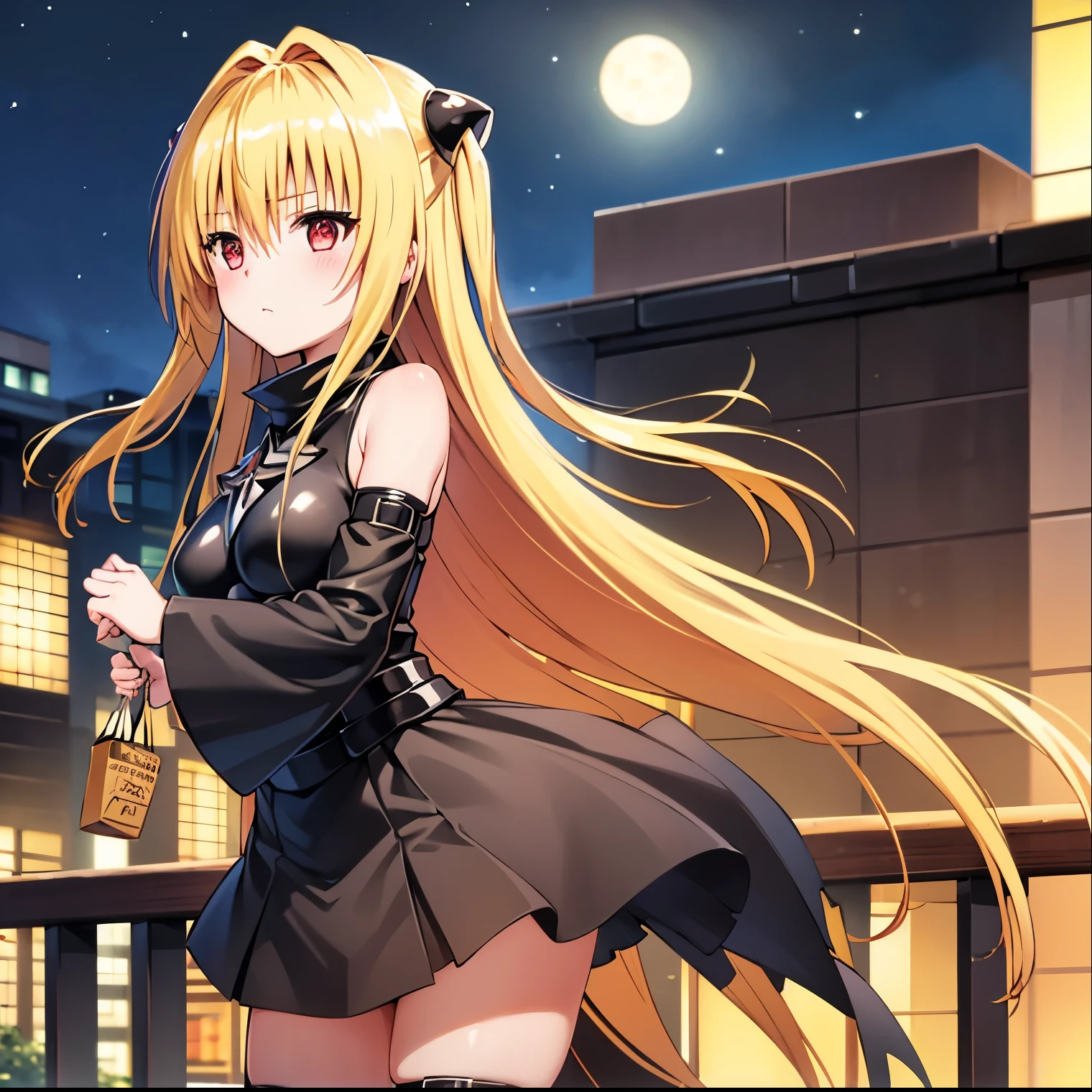 (1girl),(alone), konjiki no yami, (alone), long hair, taiyaki, blonde hair, hairpins, thigh strap, red eyes, wagashi, very long hair, separate sleeves, hair clips, bag, looking to the viewer, black dress, dress, medium breasts, narrow waist, wide hips, wide thighs, round butt, leaning forward, hair between eyes, blush, hair ornament, two sides up, bangs, cowboy shot, posture dynamic, ultra detailed, detailed eyes, sharp focus, masterpiece, stoic expression, blushing, bare shoulders, standing, exterior, night, giant moon, Tokyo, Metropolis, on top of a building, leaning on a railing:1.5, view of the city:1.5, City lights:1.5), perfect hands, perfect anatomy, long sleeves, floating hair, eating, to love-ru, looking forward,((focus on breasts)),pov(from middle), perfect anatomy, perfect hands