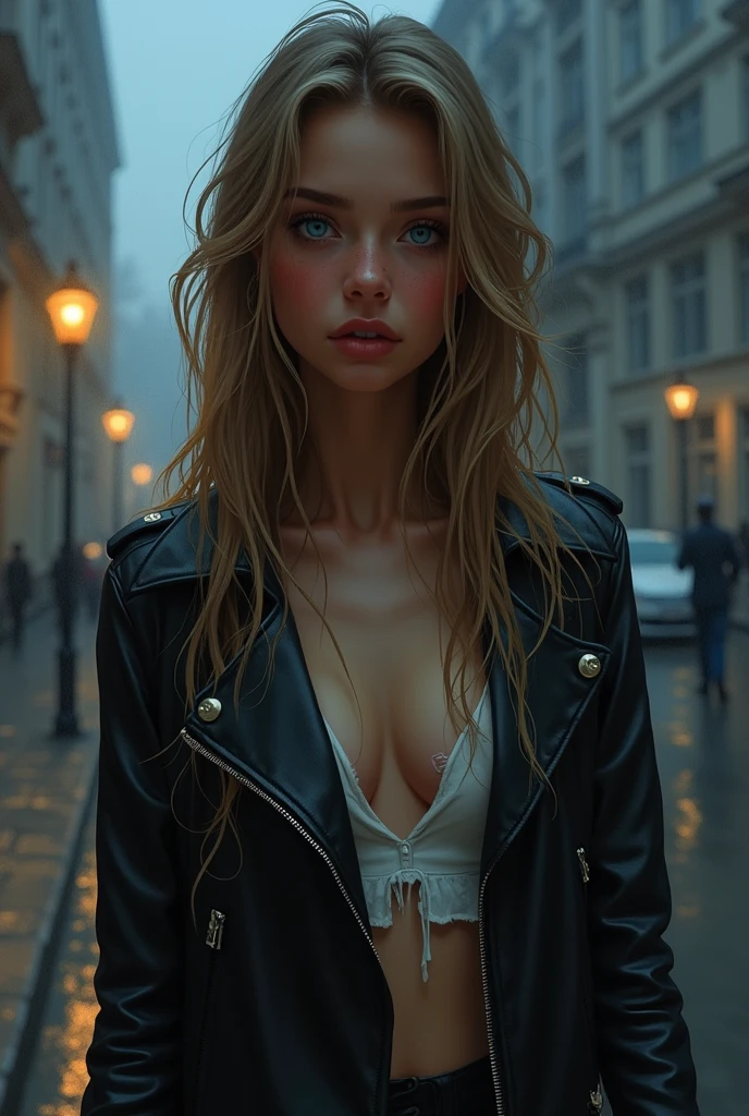 Crop top lingerie, Luxury coat, (realistic:1.4), (best quality:1.0), (morning:1.0), 8k, RAW photos, (masterpiece:0.2), 1 woman, detailed skin, looking at viewer, blue eyes, (Blonde perm long hair, Flowing bangs:1.2), (big bust:1.0), (large areola:0.8), (innocent, pure face_v1:0.5), blue sky, white clouds, breeze, 채도 높은 고해상도의 masterpiece,