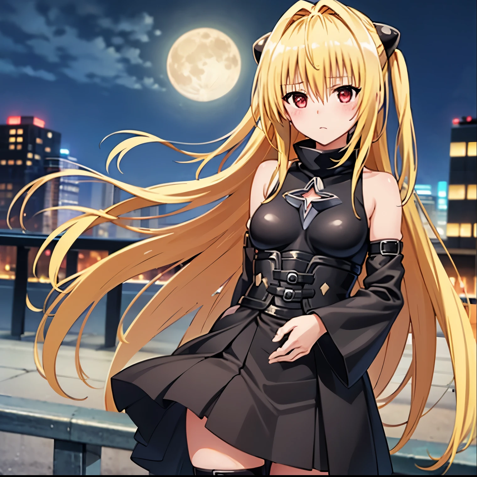 (1girl),(alone), konjiki no yami, (alone), long hair, taiyaki, blonde hair, hairpins, thigh strap, red eyes, wagashi, very long hair, separate sleeves, hair clips, bag, looking to the viewer, black dress, dress, medium breasts, narrow waist, wide hips, wide thighs, round butt, leaning forward, hair between eyes, blush, hair ornament, two sides up, bangs, cowboy shot, posture dynamic, ultra detailed, detailed eyes, sharp focus, masterpiece, stoic expression, blushing, bare shoulders, standing, exterior, night, giant moon, Tokyo, Metropolis, on top of a building, leaning on a railing:1.5, view of the city:1.5, City lights:1.5), perfect hands, perfect anatomy, long sleeves, floating hair, eating, to love-ru, looking forward,((focus on breasts)),pov(from middle), perfect anatomy, perfect hands