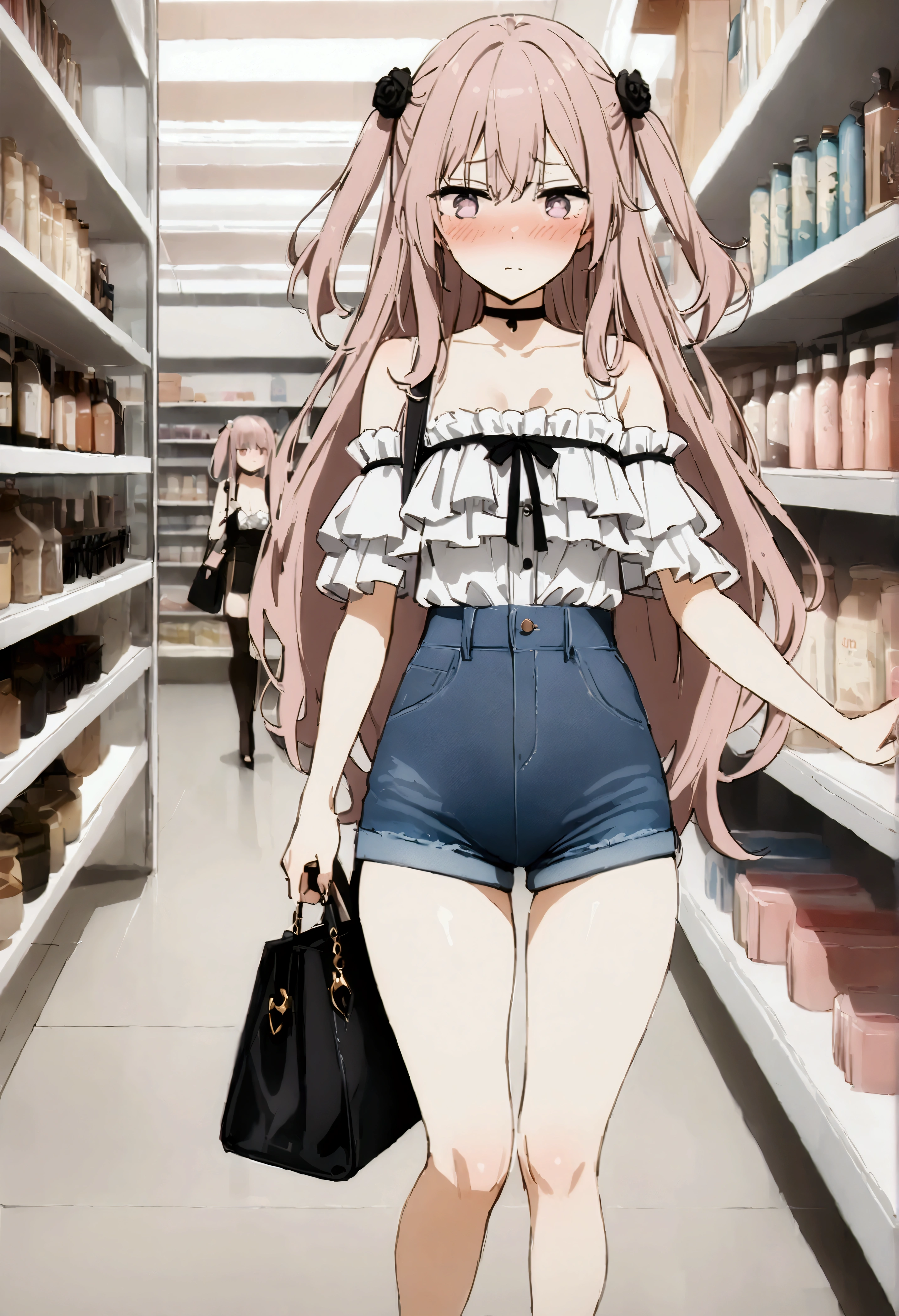 NSFW,masterpiece,Highest quality,High resolution,Very detailed,Dried gauze leaves\(The Doll Falls in Love),Pink Hair、Long Hair、Lavender eyes,Two Side Up、Hair Flowers、Black Rose,Frilled shirt,Off the shoulder,Denim shorts,High-leg denim,Heeled Sandals,Shoulder bag,Shopping mall,Lingerie Shop,Underwear section,Serious face,Embarrassed,blush,Looking at the shelves