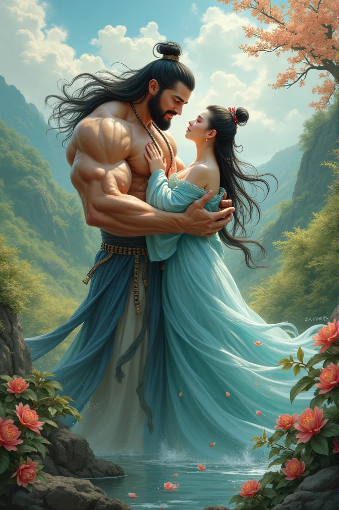 (couple nude cuddling), ((rough man Zeus muscular naked insert his covk to a nude beautiful princess vagina)), beautiful, sexy pose, big breasts, cleavage, bare legs, see-through, standing, hanfu, wet, clear, realistic, highest detail, Chinese mythology, dragon pattern, phoenix, sacred, holy, golden mountains, heavenly palace, countless palaces, clouds, golden light, cock on vagina, penis on vagina, erotic pose