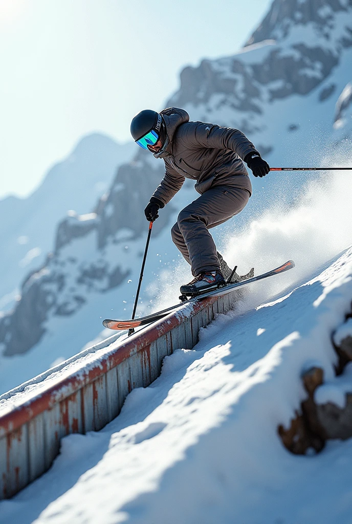 An ultra-realistic image of a skier grinding down a rail on a slope similar to a snow-covered staircase. The rail is made of metal with signs of wear and frost, creating a cold, rugged vibe. The skier is mid-trick, performing a stylish grind with precision, their body in a dynamic pose as they descend the rail. The background includes subtle details of a mountainous, snowy environment, making the scene feel realistic and intense. The focus is on the skier and the rail.