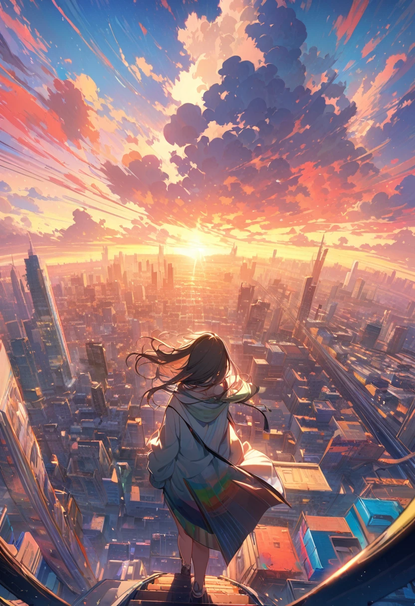 ((Highest quality))、((masterpiece))、(detailed)、(makoto shinkai)、((Anatomically correct))、(High resolution、8k)、(Beautiful Skin:1.1)、One woman、Back view、3 meters apart、whole body、(Beautiful eyes:1.2)、Overlooking the city from the top of the hill、Beautiful sunset、Long hair flutters in the wind、Black Hair、White shirt、Denim hot pants、sneakers、