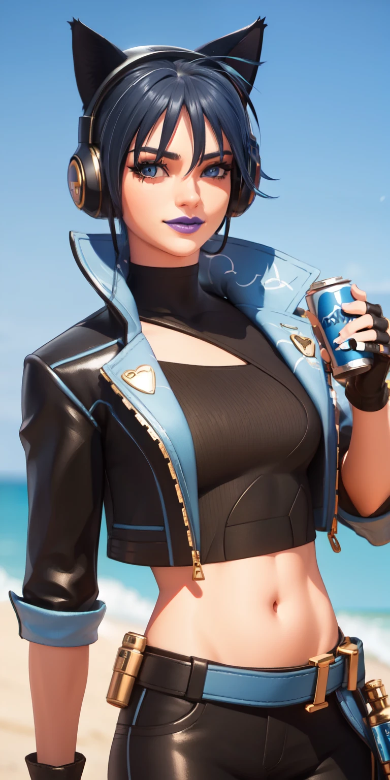 Beach background, Realistic, HeroicHopeFN, 1girl,blue hair,blue eyes, eyeshadow,upper body,(speed lines:1.1),medium breasts, love, heart, gold hearts, black jacket, jacket crop top, cat ears headphones, fake cat ears,black crop top, black pants, blue belt, gloves, black gloves, fingerless gloves, holster, holster spray cans, navel, purple lips, lipsticks, winked, happy, looking at viewer, facing viewer