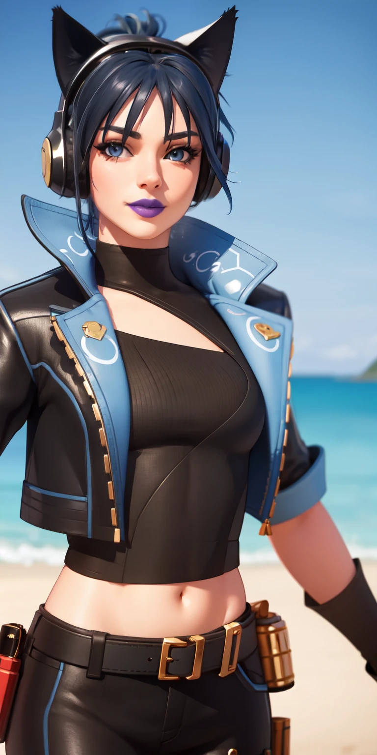 Beach background, Realistic, HeroicHopeFN, 1girl,blue hair,blue eyes, eyeshadow,upper body,(speed lines:1.1),medium breasts, love, heart, gold hearts, black jacket, jacket crop top, cat ears headphones, fake cat ears,black crop top, black pants, blue belt, gloves, black gloves, fingerless gloves, holster, holster spray cans, navel, purple lips, lipsticks, winked, happy, looking at viewer, facing viewer