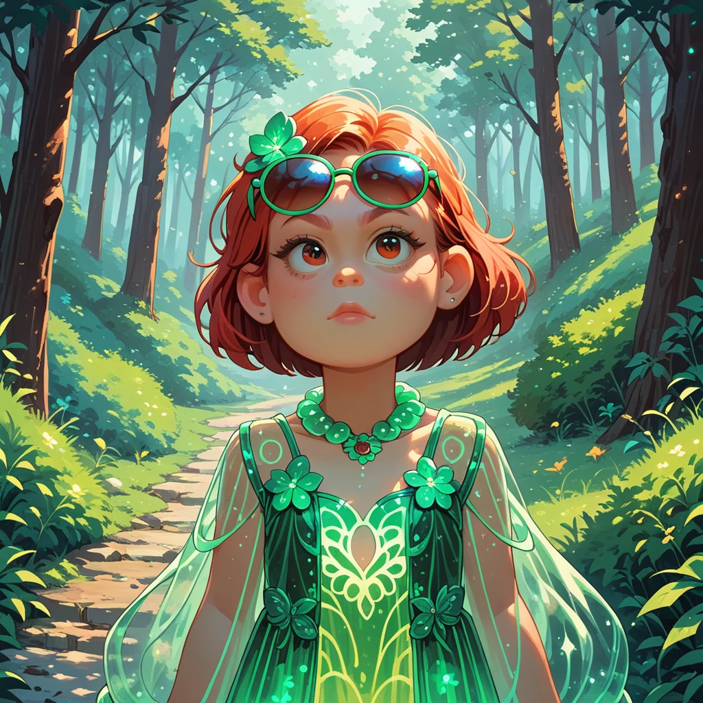 1girl, alone, girl focus, meilin lee, green hair, green bioluminescent dress, glowing dress, sunglasses on head, outdoors, forest