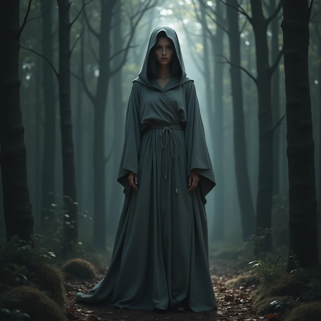 Beautiful girl in gray robe standing in dark forest, epic style, rendering by octane, Desert ingredients, beautiful face, ultra-realistic realism, oil on the canvas, awardwinning, tmasterpiece, Popular on artstation, by Ghibli Studio
