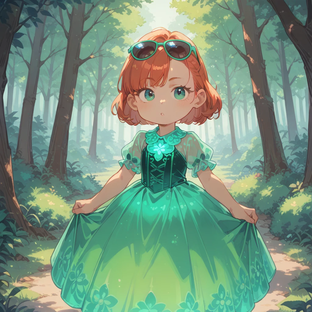 1girl, alone, girl focus, meilin lee, green hair, green bioluminescent dress, glowing dress, sunglasses on head, outdoors, forest