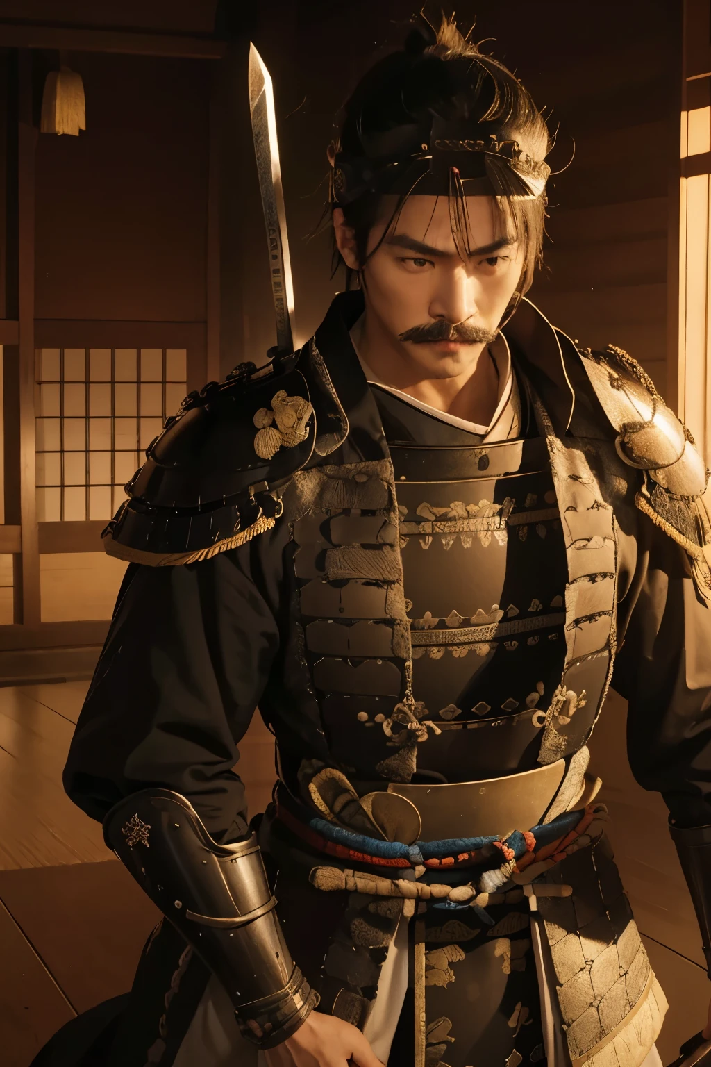 Date Masamune、Osaka Castle、Japan Warlords、Powerful、20th Generation、young、Japanese military commander、moustache、Armor from the Sengoku period、Helmets of the Warring States Period、Muscular、Equipping a sword as a weapon、Black eye patch on right eye、force、Brandishing a sword。ride a horse、