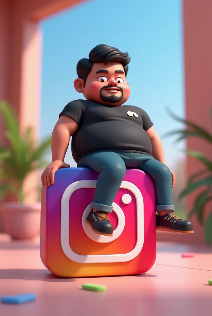 Create a 3D illustration of an animated Indian character with glasses sitting casually on top of a social media logo "instagramart". The character must wear a black t-shirt, short and wavy hair, darkskin, slightly slanted eyes, is a little overweight, beard and holding an iPhone. The background of the image is a social media profile page with the username "working day" and a matching profile photo.