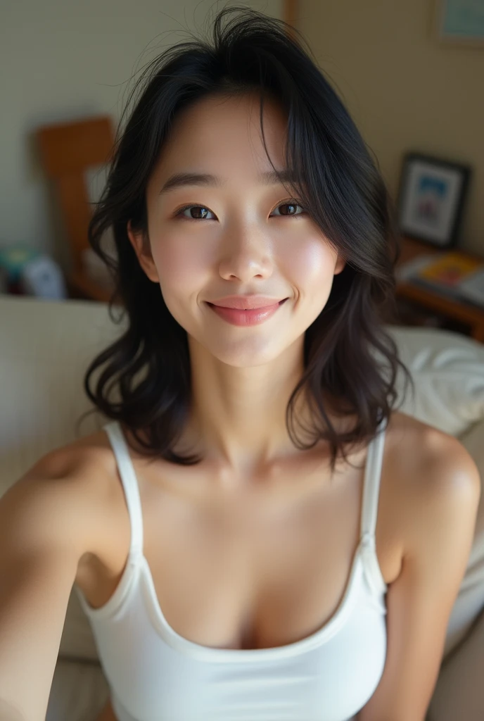 Beatiful japanese naked girl with big tits, trimmed public hair, medium hair, brown eyes, neat and clean, in the adult woman's room with white furniture, selfie