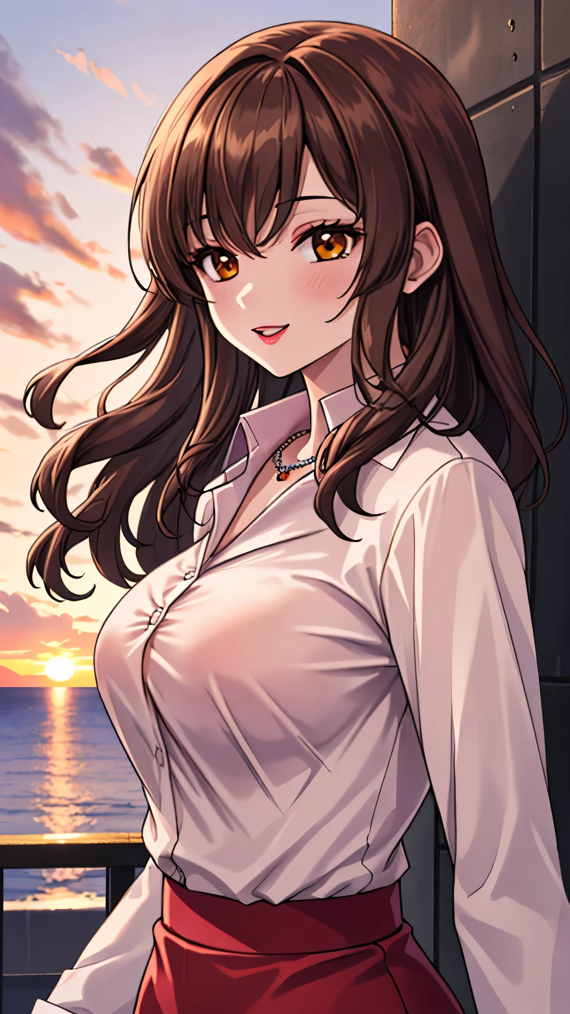 （（super high quality,））（（Ultra-high resolution,））（16K,）（super masterpiece,）（（Ultra HD ,））（Detailed shading,）Shooting from below,Upper body photo,Couple,A sexy mature woman,Wavy brown medium-long hair,Part your bangs neatly on the side,The wind lifts my hair,Thick and glossy lips,A pink shirt with a tight collar and the third button undone,Long sleeve,Red pencil skirt,necklace,happy,Sunset rooftop,Background with sea view,A tall, large man,