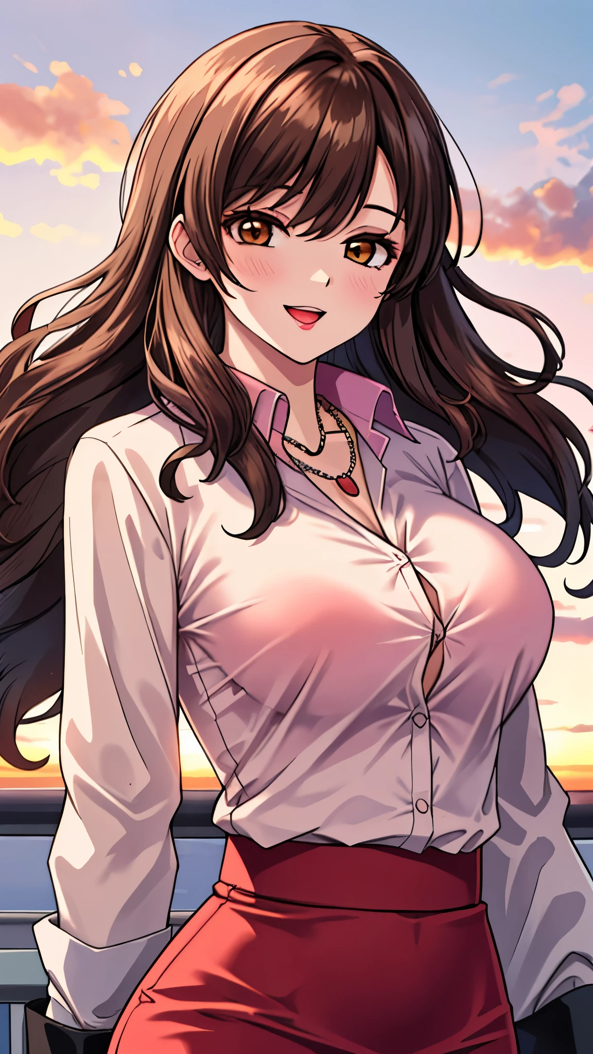 （（super high quality,））（（Ultra-high resolution,））（16K,）（super masterpiece,）（（Ultra HD ,））（Detailed shading,）Shooting from below,Upper body photo,Couple,A sexy mature woman,Wavy brown medium-long hair,Part your bangs neatly on the side,The wind lifts my hair,Thick and glossy lips,A pink shirt with a tight collar and the third button undone,Long sleeve,Red pencil skirt,necklace,happy,Sunset rooftop,Background with sea view,A tall, large man,