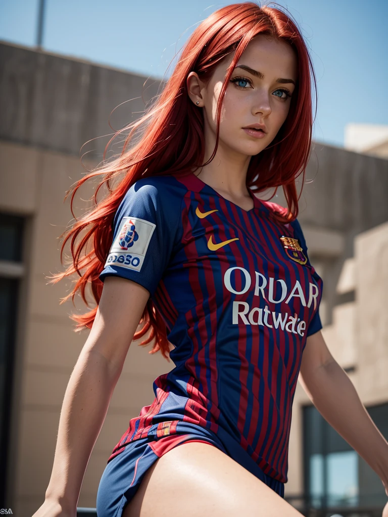 a red hair girl, blue eyes, emotional, breasts, Barcelona fc shirt, Very detailed, 