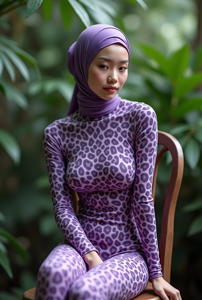 A beautiful and thin chinese contortion girl wears light purple leopard print lycra turtleneck unitard catsuit.She always wear light purple leopard print lycra dancewear hijab-like costume hood.She is my contortionist.