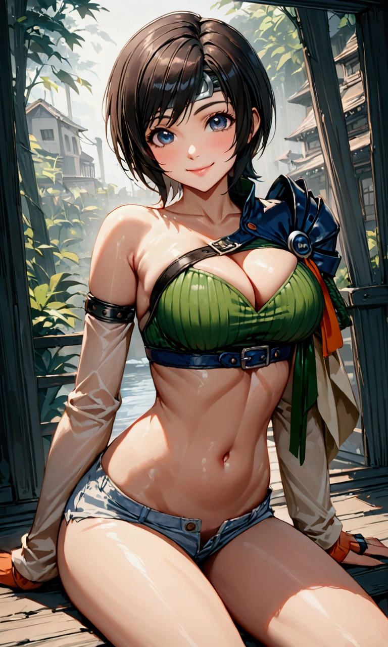 ((yuffie kisaragi,highest quality, High resolution, perfect pixel, written boundary depth, 4K))),((highest quality))、((super Realistic)),4K, 8k,uhd,16K,32K,masterpiece, one woman, beautiful, Improve, Compensate, Big Breasts, Cleavage、((Highest quality、masterpiece:1.3)), Upper Body、Long legs、Sharp focus:1.2, Beautiful woman with perfect figure:1.4、Big Breasts, (Smiling:1.2), double eyelid、30-year-old female、Sexy pose、Blue eyes,(((Close mouth:1.2)))、One Woman,Shortcuts、Black Hair、((Silver band on forehead:1.2))