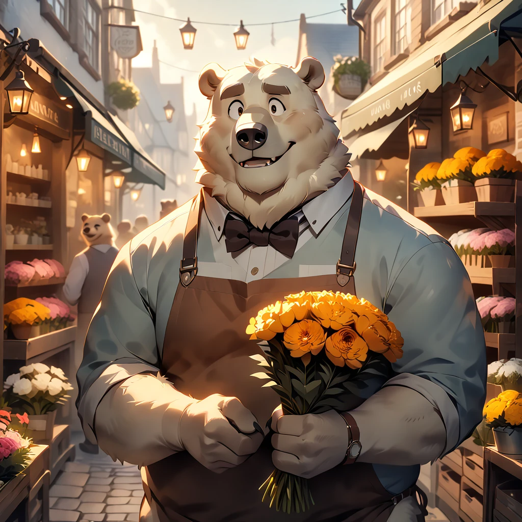 dynamic angle, dynamic pose, florist, plump middle-aged british polar bear man, happy, light smile, presenting a bouquet of flowers, marigold, brown eyes, beautiful beard, male face, big face, square jawline, male eyes, sharp eyes, big eyes, male eyebrows, innocent look, fluffy body, BREAK evening, england, flower shop, outdoor, masterpiece, best quality, very aesthetic, absurdres,