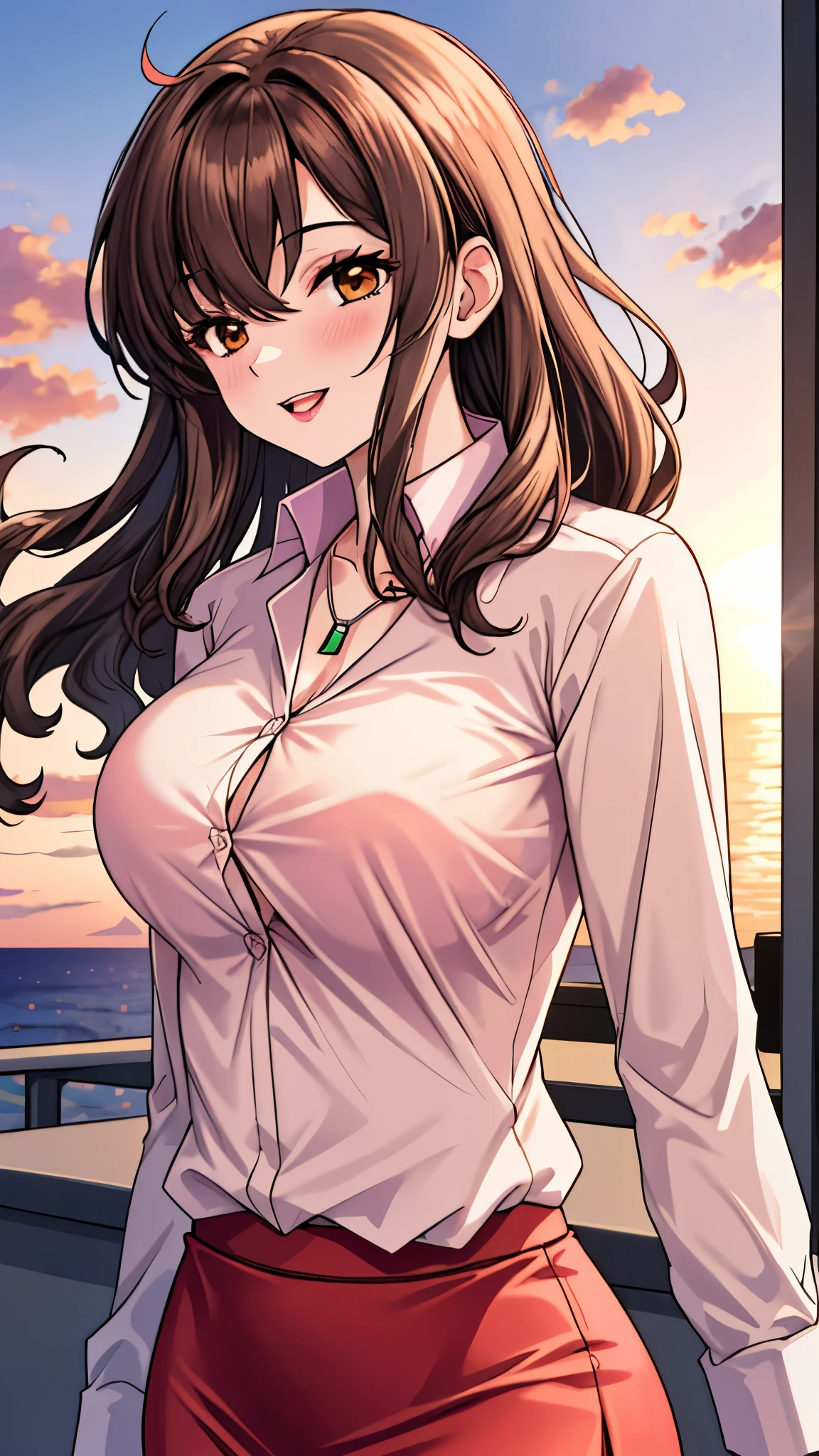 （（super high quality,））（（Ultra-high resolution,））（16K,）（super masterpiece,）（（Ultra HD ,））（Detailed shading,）Shooting from below,Upper body photo,Couple,A sexy mature woman,Wavy brown medium-long hair,Part your bangs neatly on the side,The wind lifts my hair,Thick and glossy lips,A pink shirt with a tight collar and the third button undone,Long sleeve,Red pencil skirt,necklace,happy,Sunset rooftop,Background with sea view,A tall, large man,