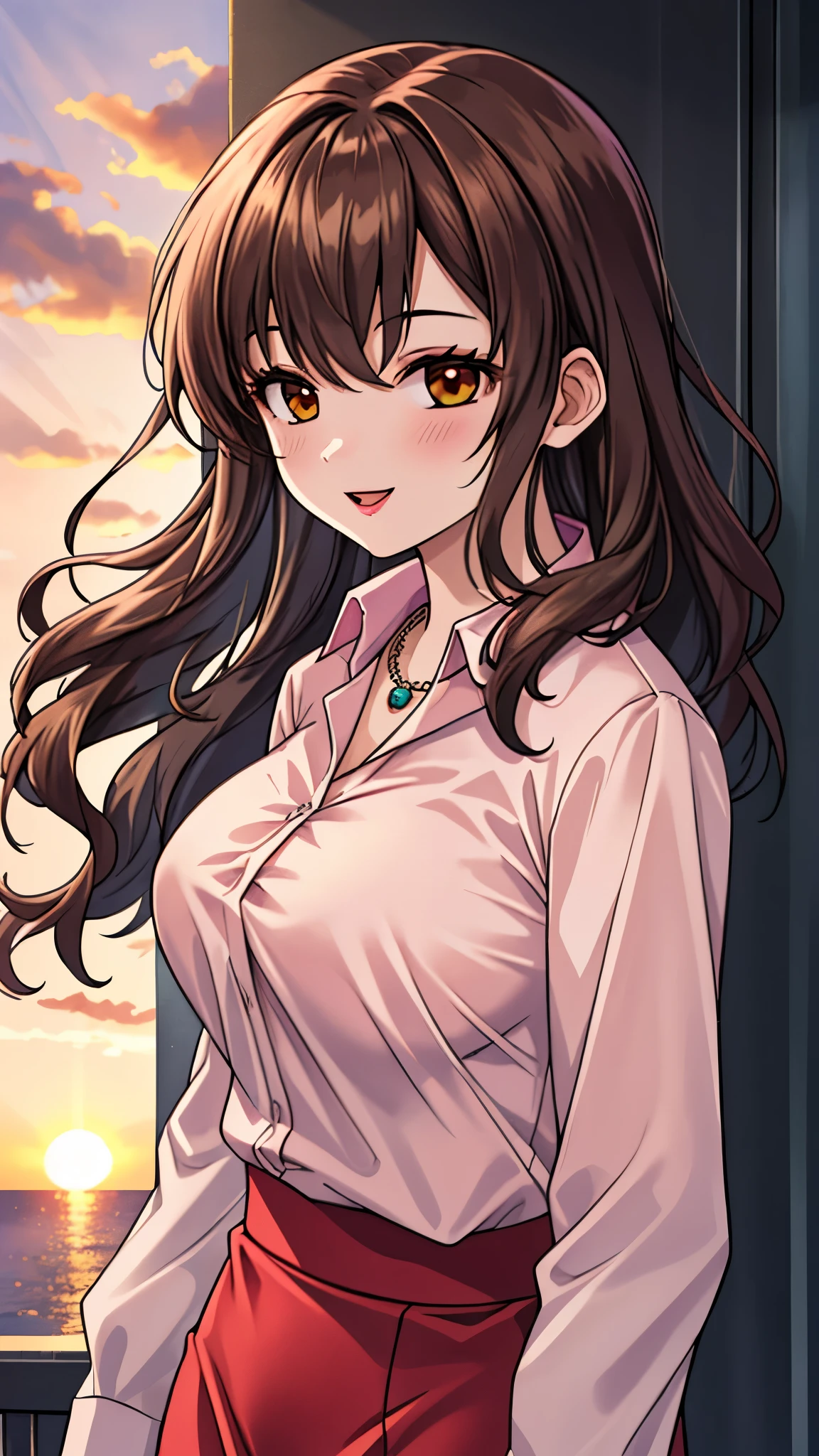 （（super high quality,））（（Ultra-high resolution,））（16K,）（super masterpiece,）（（Ultra HD ,））（Detailed shading,）Shooting from below,Upper body photo,Couple,A sexy mature woman,Wavy brown medium-long hair,Part your bangs neatly on the side,The wind lifts my hair,Thick and glossy lips,A pink shirt with a tight collar and the third button undone,Long sleeve,Red pencil skirt,necklace,happy,Sunset rooftop,Background with sea view,A tall, large man,