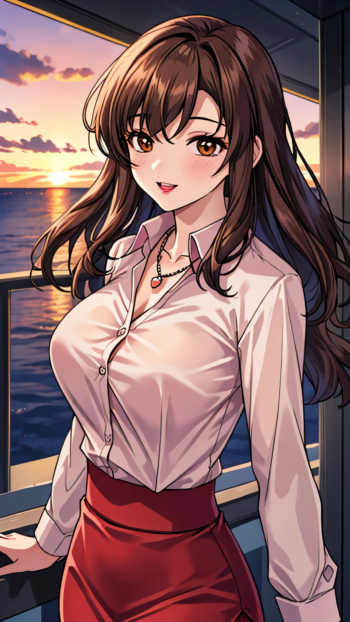 （（super high quality,））（（Ultra-high resolution,））（16K,）（super masterpiece,）（（Ultra HD ,））（Detailed shading,）Shooting from below,Upper body photo,Couple,A sexy mature woman,Wavy brown medium-long hair,Part your bangs neatly on the side,The wind lifts my hair,Thick and glossy lips,A pink shirt with a tight collar and the third button undone,Long sleeve,Red pencil skirt,necklace,happy,Sunset rooftop,Background with sea view,A tall, large man,