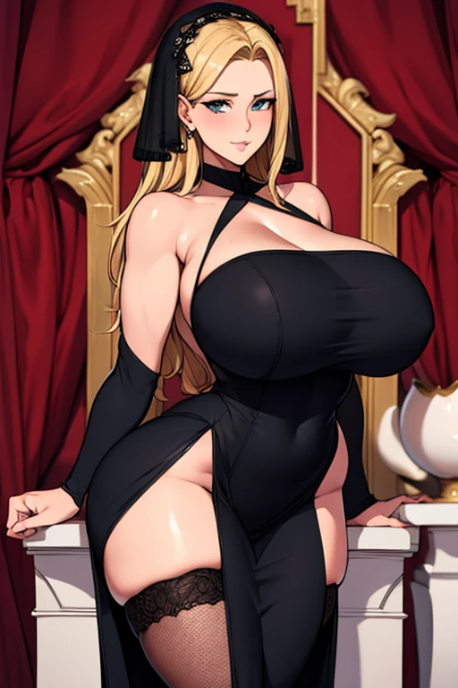 Super-detailed, 8k, 1 girl, mature, long delicate blond hair, perfect figure, busty body, curvy body, large and droopy breast, slender hips, thick thighs, huge round ass, long black dress, black thigh high fishnet stocking, head veil, eye cover bang, sitting on the throne in the middle of the room as the queen, luxurious and dim background