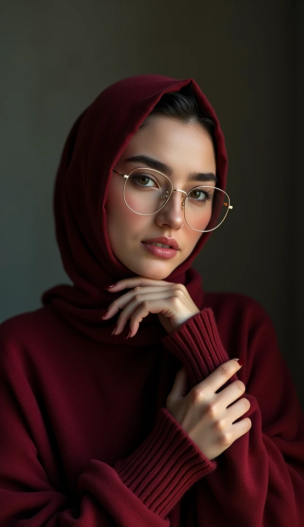 20-year-old women,Hijab, ((naked)), light Theme, Calm tone, Calm colors, High Contrast, (Natural skin texture, Hyperrealism, Soft Light, sharp), Simple Background, slim body with Large Breasts, (Large Breasts: 1.6) Nude, 34 inch Breast, using red Hijab, use glasses,