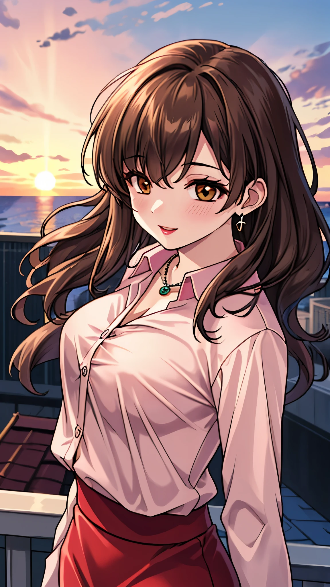 （（super high quality,））（（Ultra-high resolution,））（16K,）（super masterpiece,）（（Ultra HD ,））（Detailed shading,）Shooting from below,Upper body photo,A sexy mature woman,Wavy brown medium-long hair,Part your bangs neatly on the side,The wind lifts my hair,Thick and glossy lips,A pink shirt with a tight collar and the third button undone,Long sleeve,Red pencil skirt,necklace,happy,Put one hand on your head,Sunset rooftop,Background with sea view,