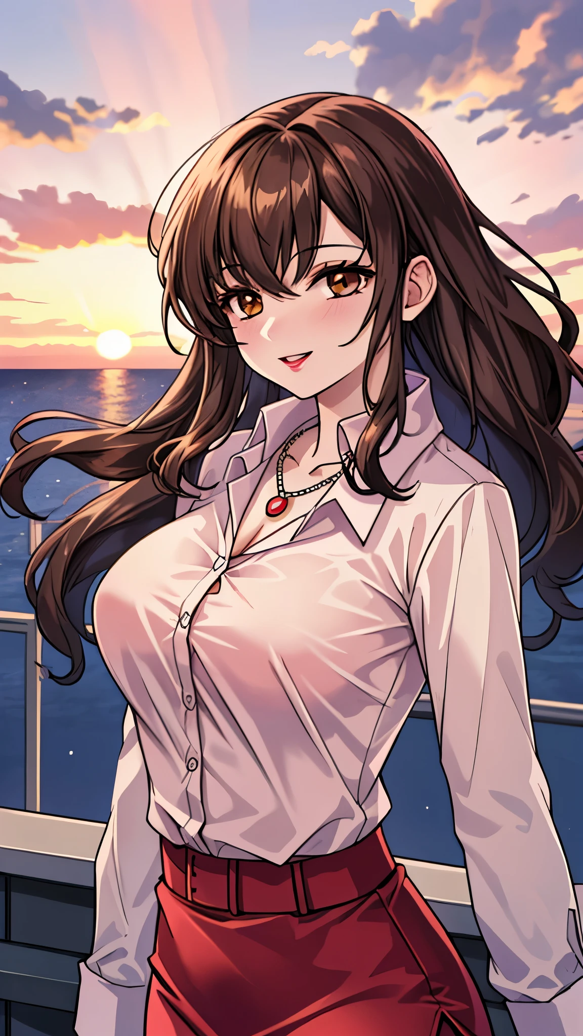 （（super high quality,））（（Ultra-high resolution,））（16K,）（super masterpiece,）（（Ultra HD ,））（Detailed shading,）Shooting from below,Upper body photo,A sexy mature woman,Wavy brown medium-long hair,Part your bangs neatly on the side,The wind lifts my hair,Thick and glossy lips,A pink shirt with a tight collar and the third button undone,Long sleeve,Red pencil skirt,necklace,happy,Put one hand on your head,Sunset rooftop,Background with sea view,