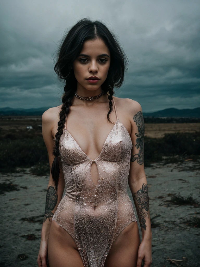 Photo of Jortega angulo medio, ((style dark fantasy)),in a gothic outfit, tattooed arms, apocalyptic scenery, solo, long hair with braids, hyper-detailed, looking at the viewer, sensual look, slender body, slender, dark atmosphere, photography, photo shoot, ethereal lighting, captured by Panavision Panavision Panavision Panaflex Platinum Camera with Panavision Primo Primes 50mm T1.9 spherical lens