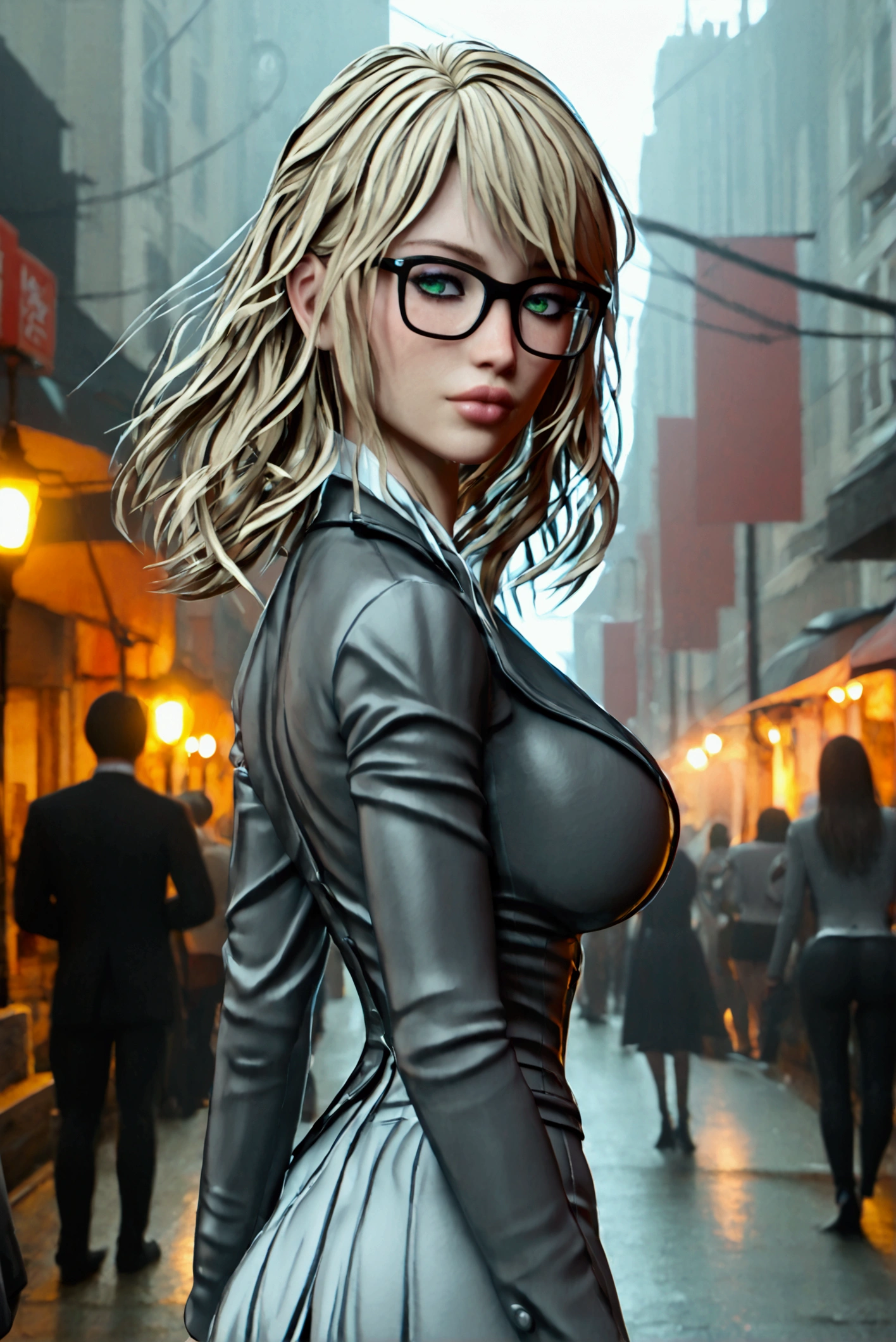 sexy woman,slim,(huge breasts)(busty)(huge legs)(Wide hips and small waist)(huge ass)He wears a formal grey jacket with a white shirt,and a short grey skirt,her outfit is very tight on her,She has medium blonde hair,very striking green eyes, glasses.She is walking through a city (hyper realistic background)(very detailed background)(Woman with her back to the bed and posing)(Look at the camera)(Her ass is in close-up in front of the camera)(perfect and sexy curves)(Daytime city background)