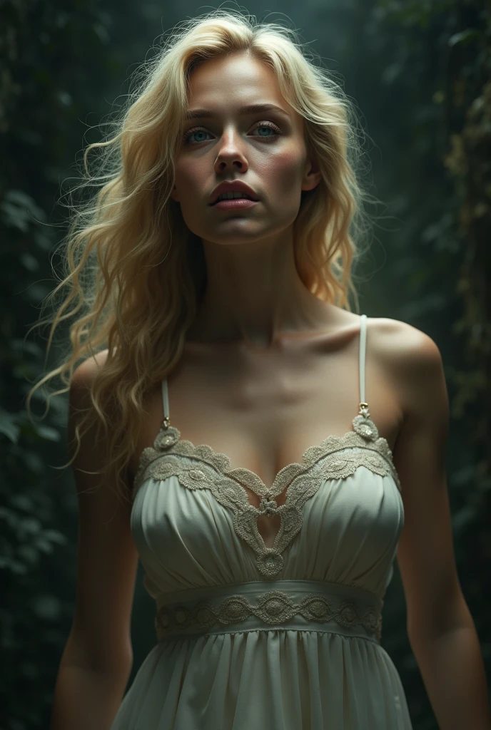 Blonde with very big breasts in the air crying