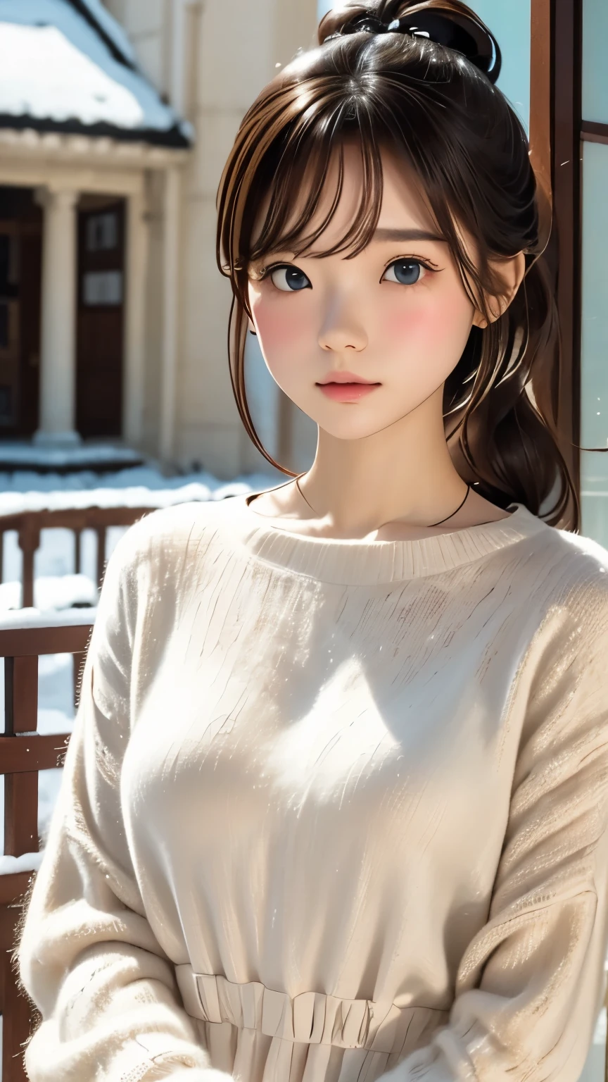 (((Film Grain、RAW Photos)))、One Girl、cute debtace、debtっくらとした唇、beautidebtul brown hair、Transparent grey eyes、ponytail、短いhairのponytail、White long dress、poncho-lihaire dress、Small breasts、Small breast swelling、(((White world、pure white bachairground、A world odebt silence)))、Highest quality、Ultra-high resolution、Best image quality、masterpiece、８hair、small nose medium depth odebt debtield, Shot with Canon 5D, 50mm lens, debt/4 Aperture, (Very detailed, Intricate details), sharp debtocus, Calm colors, 8k、condebtused, 8mmdebtilm grain、