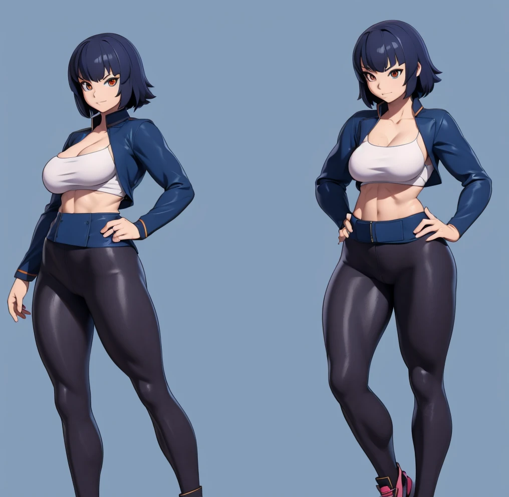 character sheet with 3 views (front-side-back), masterpiece:1.2, 1women, (38yers old), (best quality), (real picture, intricate details, depth of field), highly-detailed, attractive waist, high resolution, (illustration:0.8), perfect lighting, extremely detailed CG, big breasts, (large breasts:1.5), tall lady, susprised posture, tight pants, (thick_thighs:1.5), huge ass, (Purple sports bra:1.5), cleavage, (purple hair), (hair over one eye:1.5), lipstick, Grin, horny face, (blushing:1.5), (short hair:1.5), (Short purple hair:1.5), (mature female:1.5) (mature face) (sweat) (sweat:1.5) (cleavage), (solo), purple clothes, sports_bra, cleavage sweat
