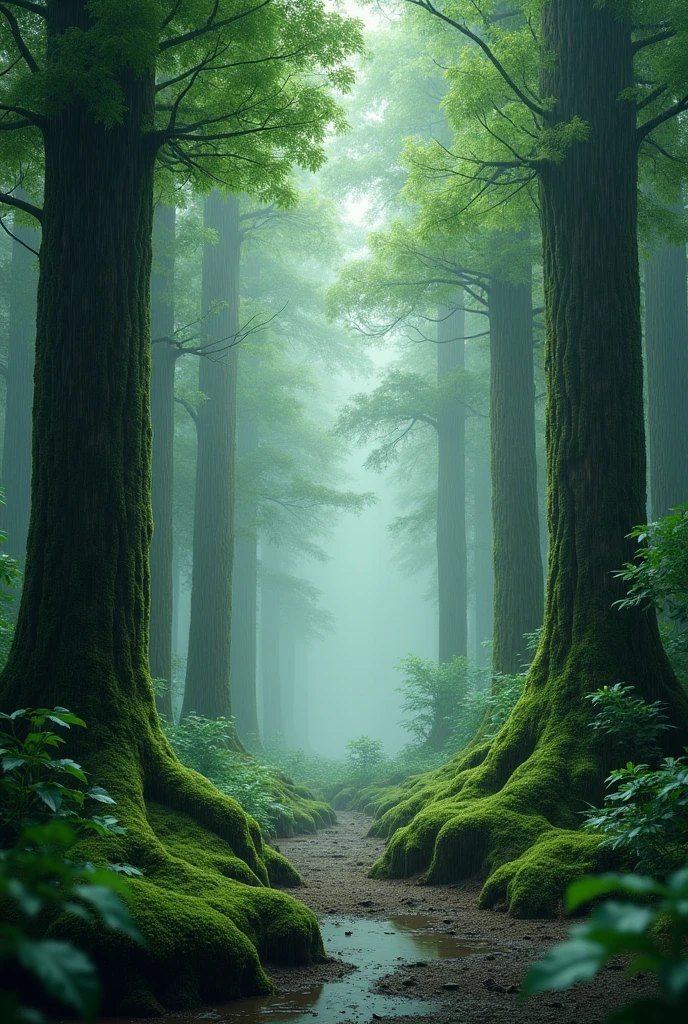 A tranquil forest scene during a gentle rain, with tall, lush trees ...