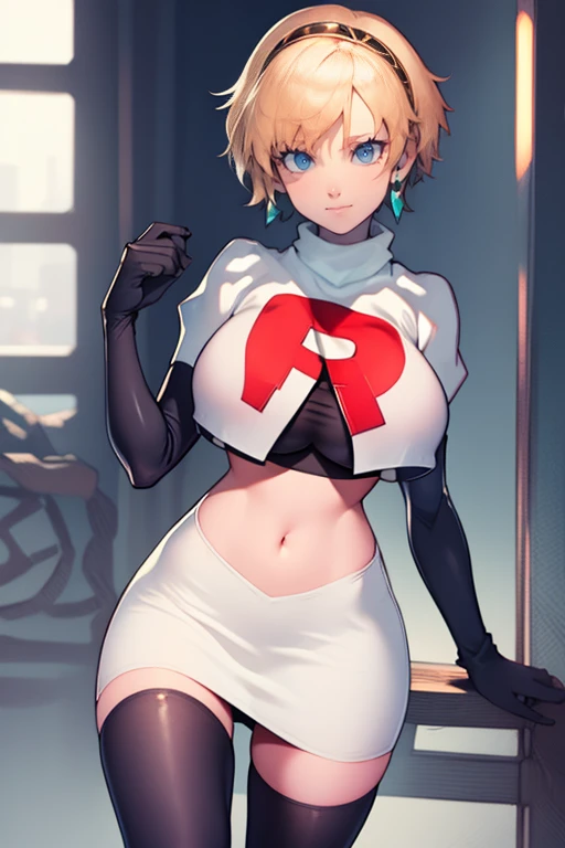 aegis, blonde hair, looking at viewer, team rocket, team rocket uniform, red letter R, white skirt,white crop top,black thigh-high boots, black elbow gloves, evil smile, earrings, large breasts, 