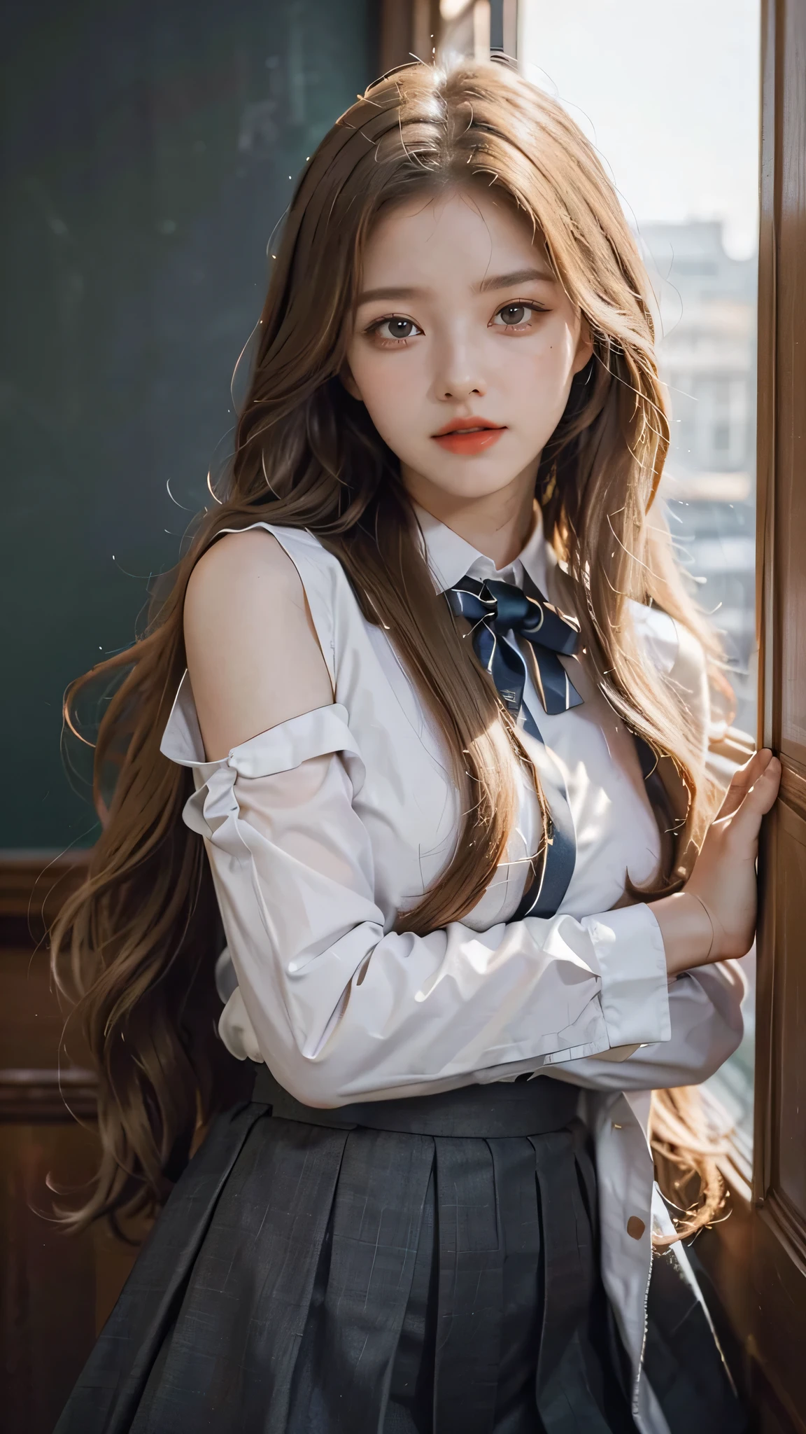 kitagawa marin, 1girl, blonde hair, long hair, multicolored hair, red eyes, jewelry, earrings, piercing, school uniform, white shirt, tied shirt, black choker, blue necktie, plaid skirt, beautiful, beautiful woman, perfect body, perfect breasts, realism, masterpiece, textured skin, super detailed, high detail, high quality, best quality, 1080p, 16k