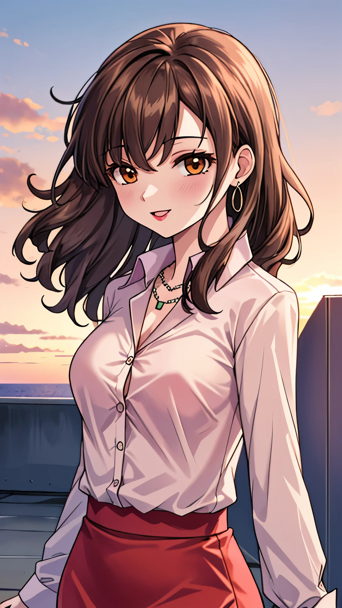 （（super high quality,））（（Ultra-high resolution,））（16K,）（super masterpiece,）（（Ultra HD ,））（Detailed shading,）Shooting from below,Upper body photo,A sexy mature woman,Wavy brown medium-long hair,Part your bangs neatly on the side,The wind lifts my hair,Thick and glossy lips,A pink shirt with a tight collar and the third button undone,Long sleeve,Red pencil skirt,necklace,happy,Put one hand on your head,Sunset rooftop,Background with sea view,